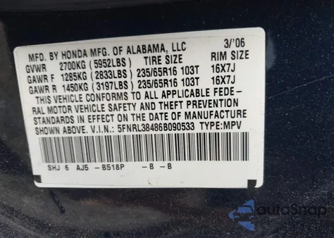 2006 Honda Odyssey Ex z USA, uszkodzony, nr VIN 5FNRL38486B090533